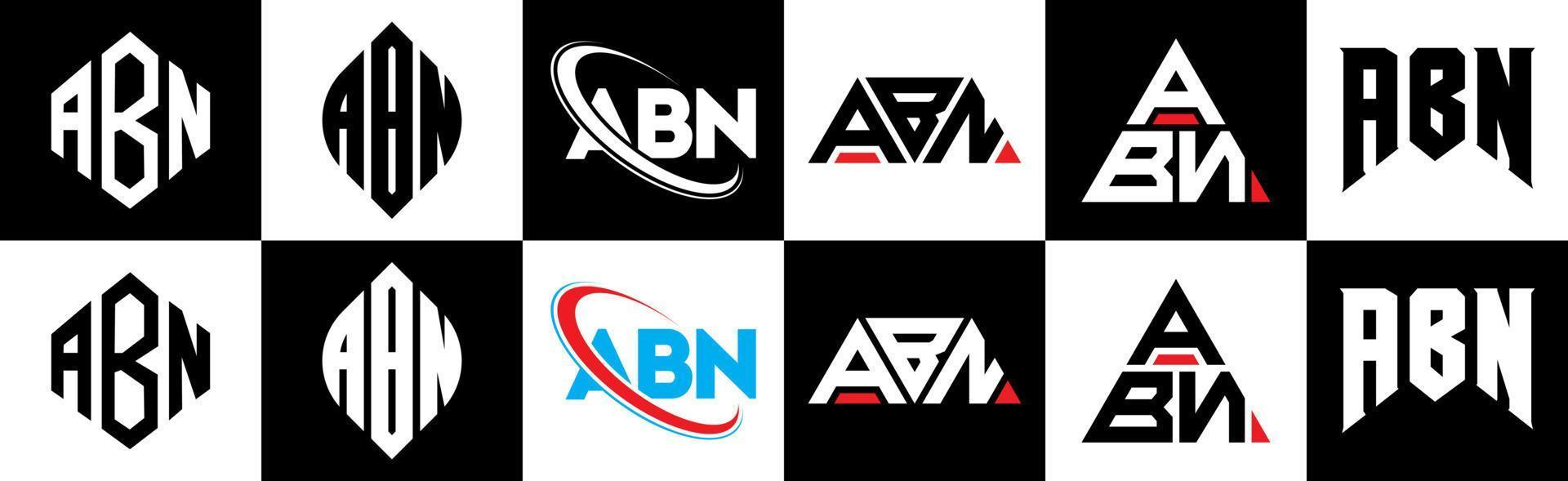 diseño de logotipo de letra abn en seis estilos. abn polígono, círculo, triángulo, hexágono, estilo plano y simple con logotipo de letra de variación de color blanco y negro en una mesa de trabajo. logotipo minimalista y clásico de abn vector