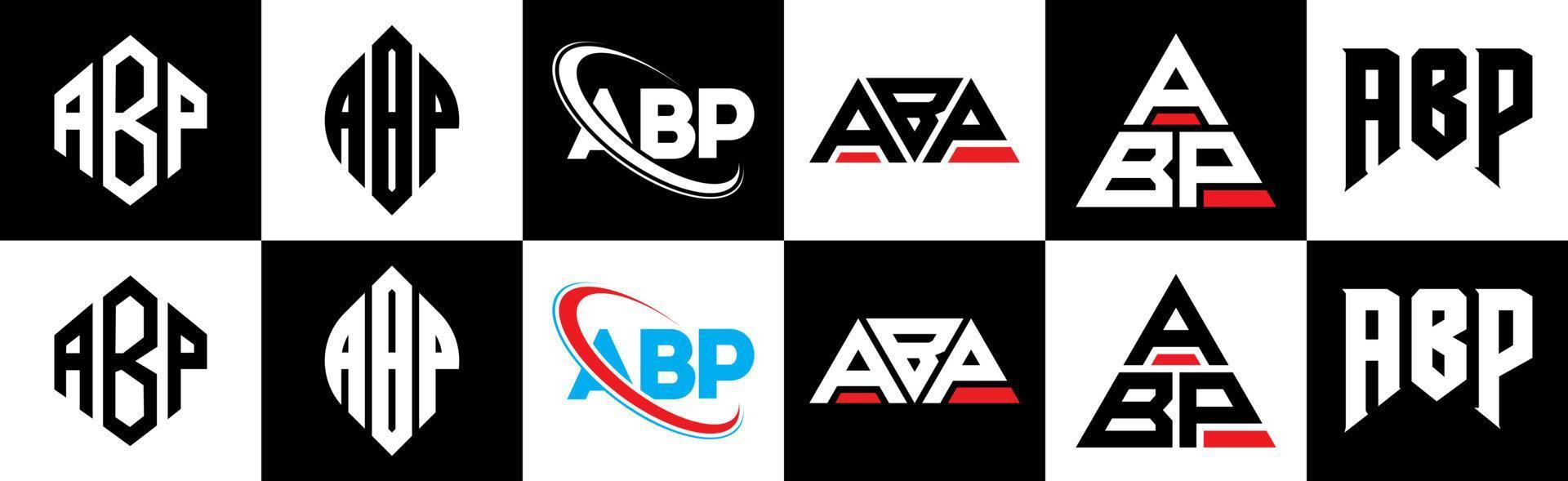 diseño de logotipo de letra abp en seis estilos. abp polígono, círculo, triángulo, hexágono, estilo plano y simple con logotipo de letra de variación de color blanco y negro en una mesa de trabajo. logotipo minimalista y clásico de abp vector