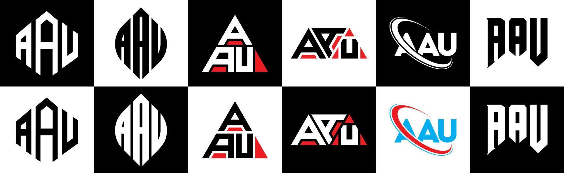 AAU letter logo design in six style. AAU polygon, circle, triangle, hexagon, flat and simple style with black and white color variation letter logo set in one artboard. AAU minimalist and classic logo vector