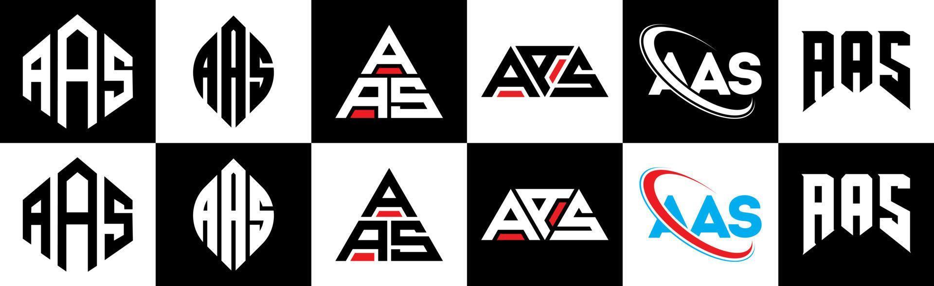 diseño de logotipo de letra aas en seis estilos. aas polígono, círculo, triángulo, hexágono, estilo plano y simple con logotipo de letra de variación de color blanco y negro en una mesa de trabajo. logotipo minimalista y clásico de aas vector