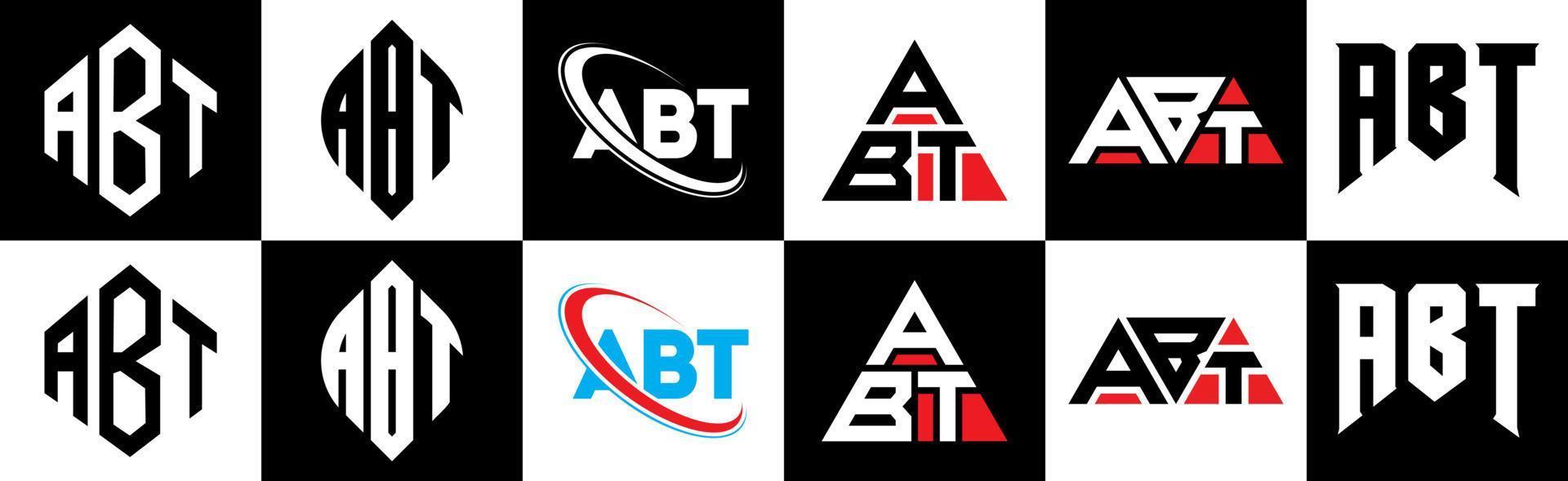 ABT letter logo design in six style. ABT polygon, circle, triangle, hexagon, flat and simple style with black and white color variation letter logo set in one artboard. ABT minimalist and classic logo vector