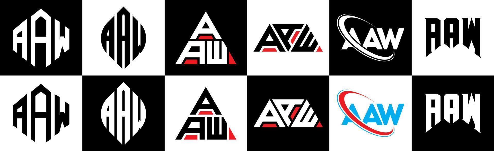 AAW letter logo design in six style. AAW polygon, circle, triangle, hexagon, flat and simple style with black and white color variation letter logo set in one artboard. AAW minimalist and classic logo vector