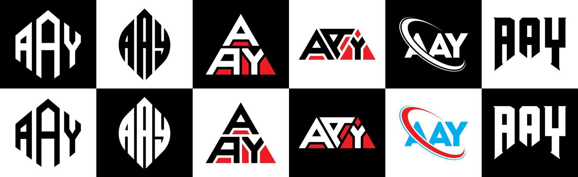 AAY letter logo design in six style. AAY polygon, circle, triangle, hexagon, flat and simple style with black and white color variation letter logo set in one artboard. AAY minimalist and classic logo vector