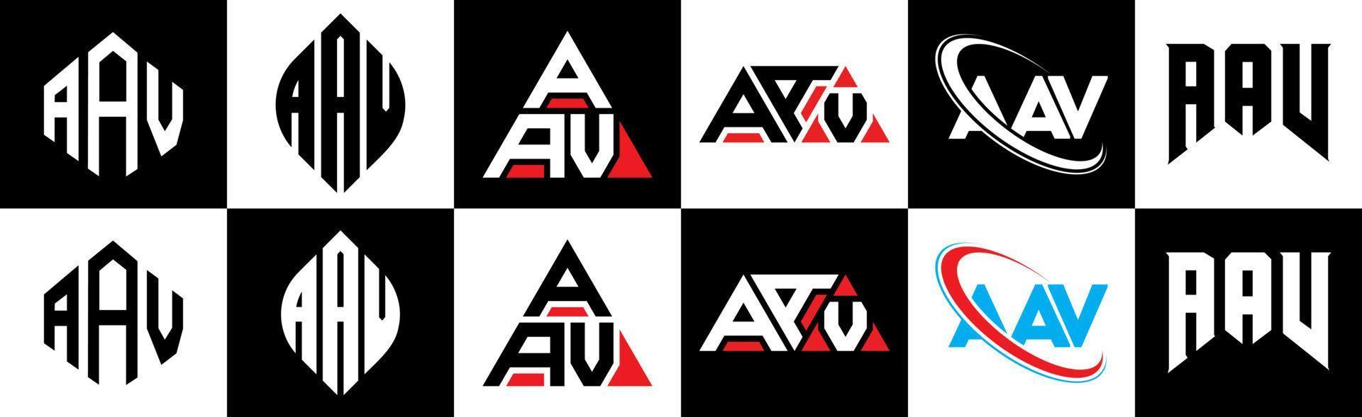 AAV letter logo design in six style. AAV polygon, circle, triangle, hexagon, flat and simple style with black and white color variation letter logo set in one artboard. AAV minimalist and classic logo vector