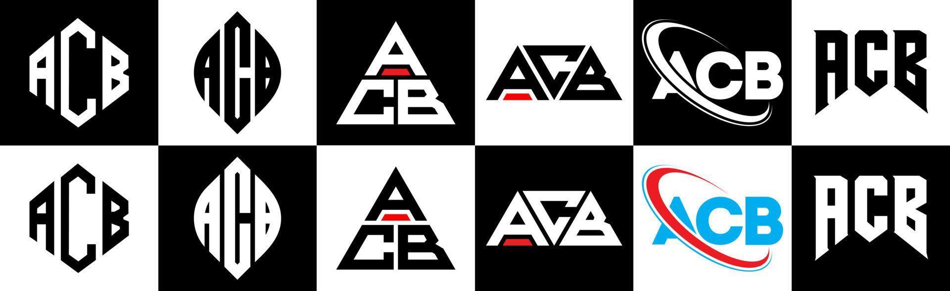 ACB letter logo design in six style. ACB polygon, circle, triangle, hexagon, flat and simple style with black and white color variation letter logo set in one artboard. ACB minimalist and classic logo vector
