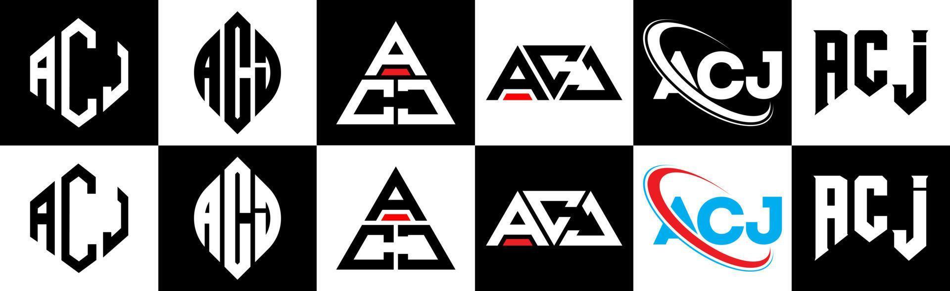 diseño de logotipo de letra acj en seis estilos. polígono acj, círculo, triángulo, hexágono, estilo plano y simple con logotipo de letra de variación de color blanco y negro en una mesa de trabajo. logotipo acj minimalista y clásico vector