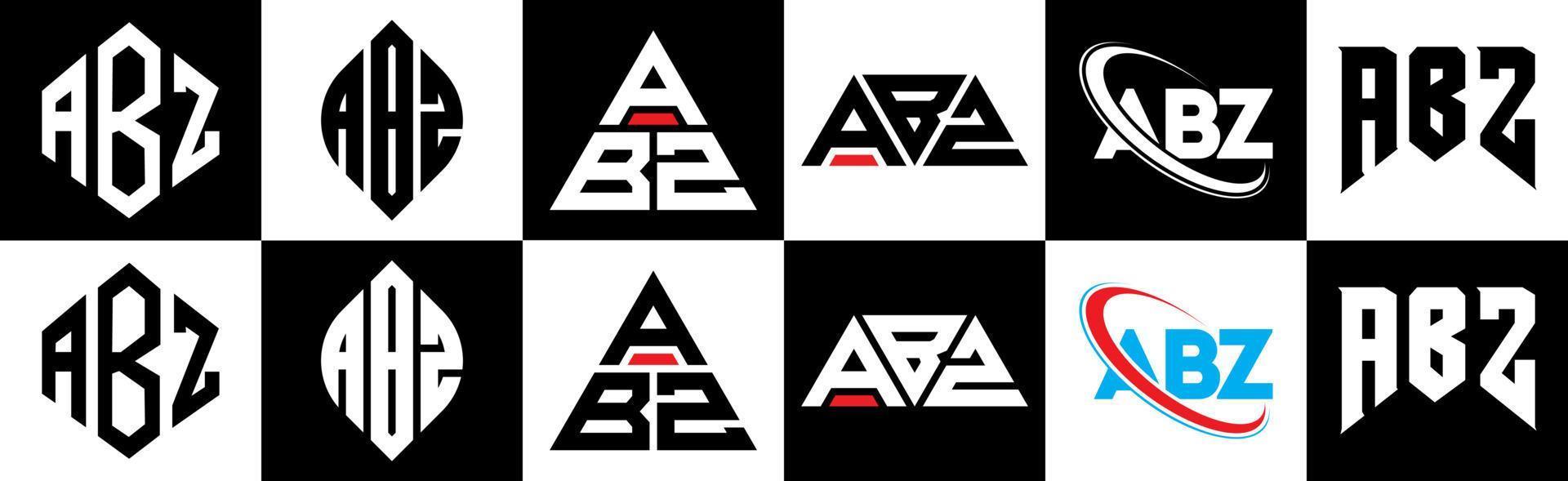 diseño de logotipo de letra abz en seis estilos. abz polígono, círculo, triángulo, hexágono, estilo plano y simple con logotipo de letra de variación de color blanco y negro en una mesa de trabajo. abz logotipo minimalista y clásico vector