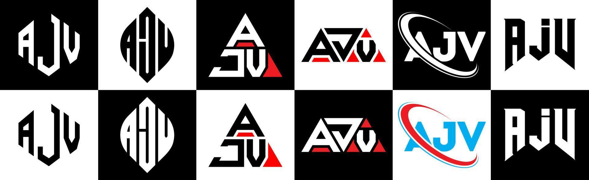 AJV letter logo design in six style. AJV polygon, circle, triangle, hexagon, flat and simple style with black and white color variation letter logo set in one artboard. AJV minimalist and classic logo vector