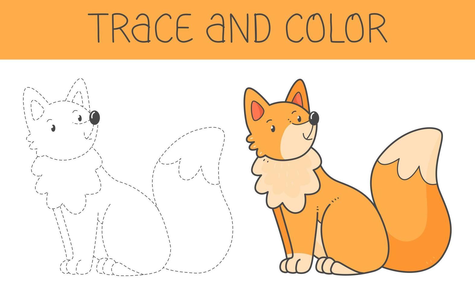 Trace and colour coloring book with fox for kids. Coloring page with a cute cartoon fox. Vector illustration.