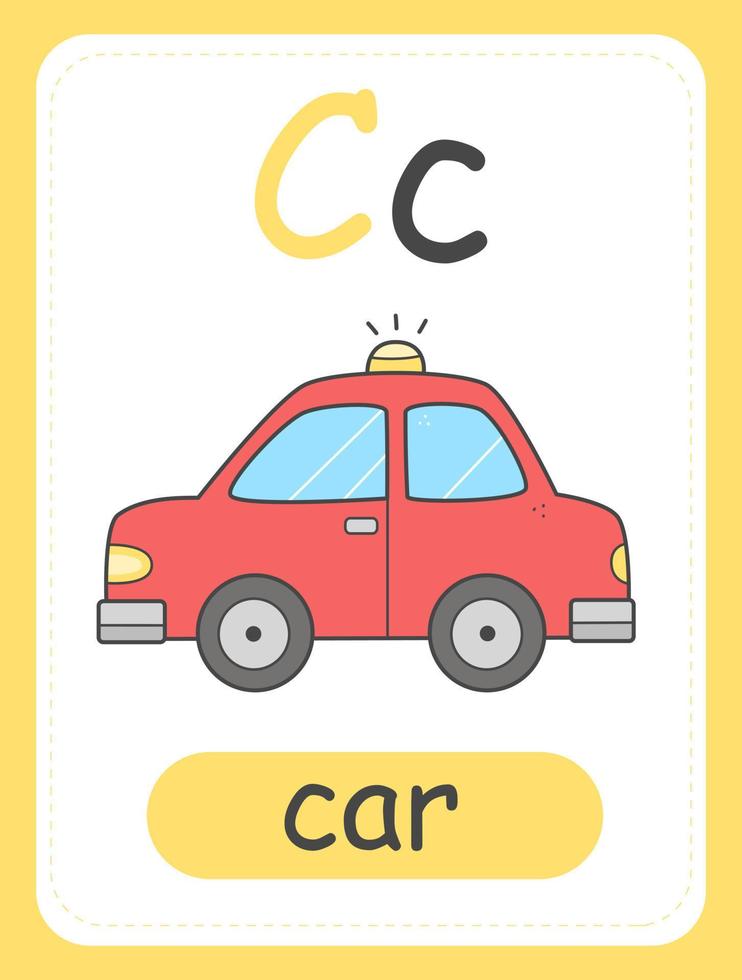 Alphabet card for children with the letter C and with a car. Educational card for kids. The word car, the English alphabet. Vector illustration.