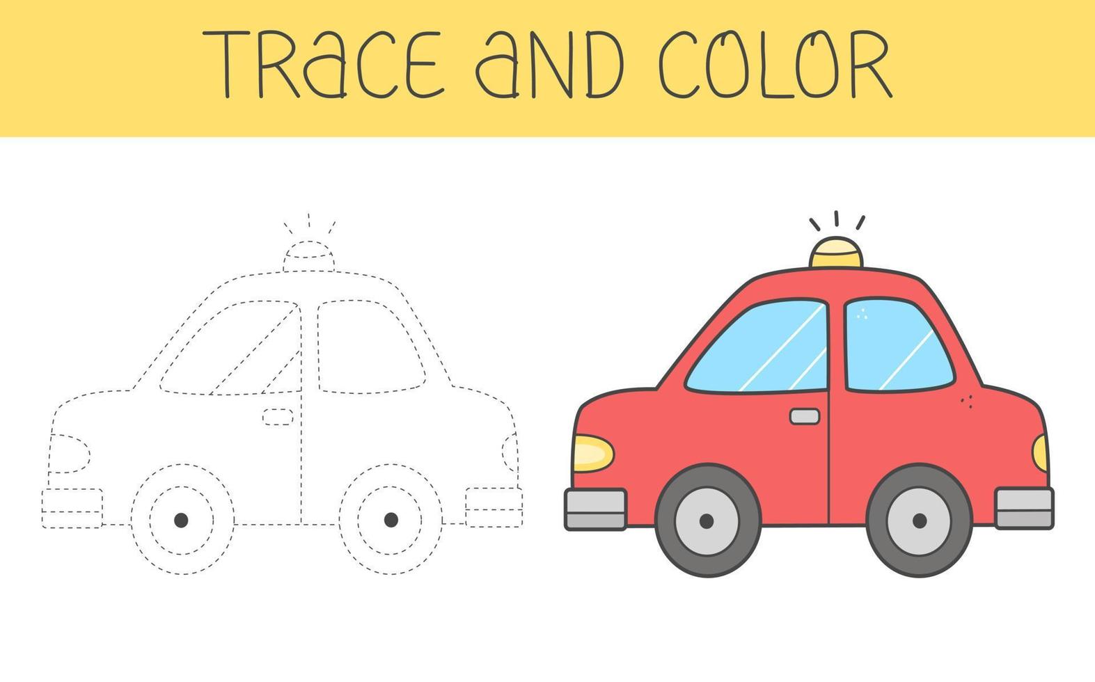 Trace and colour coloring book with car for kids. Coloring page with a cute cartoon car. Vector illustration.