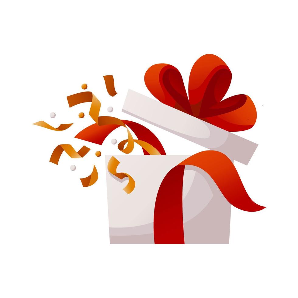 caja de regalo abierta con confeti dorado explotado. caja de regalo sorpresa desplegada con cinta. Participa para ganar premios. fiesta de cumpleaños, celebración, fiesta, evento, festivo, concepto de felicitaciones. vector