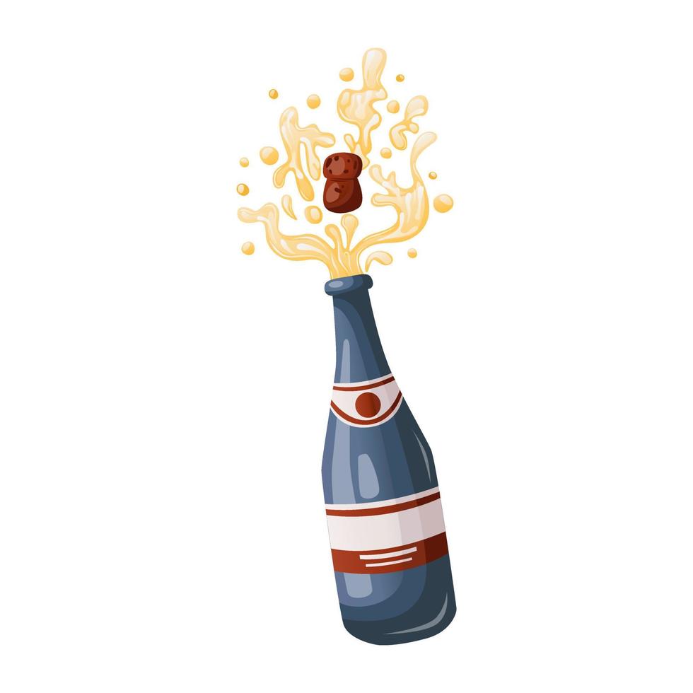 Champagne explosion. Cork pops out. Blue glass bottle popping its cork splashing. Alcohol drop stopper. Birthday party, celebration, holiday, event, festive, congratulations concept. vector