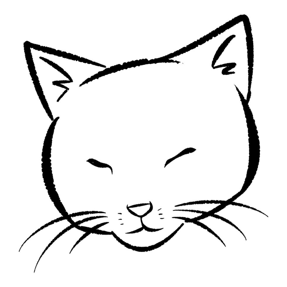 hand drawn illustration of sleeping cat face. line art, black outline. cute kitten cartoon character. doodle sketch. Suitable for print, poster, greeting card. vector