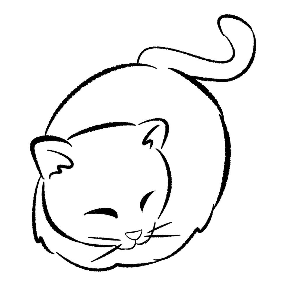 hand drawn illustration of sleeping cat in cute pose. line art, black outline. cute kitten cartoon character. doodle sketch. Suitable for print, sticker, poster. vector