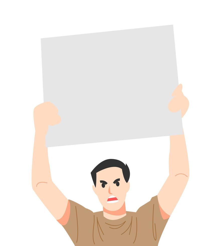 hombre con cartel de protesta en blanco. expresión enojada. pancarta vacía. concepto de demostración. estilo plano de ilustración vectorial. vector