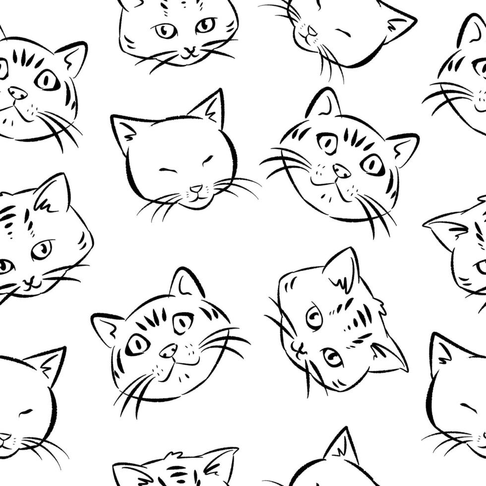 conjunto de patrones sin fisuras de caras de gatos. ilustración dibujada a mano de gatos. arte lineal. contorno. gatitos con diferentes expresiones. aislado sobre fondo blanco. vector