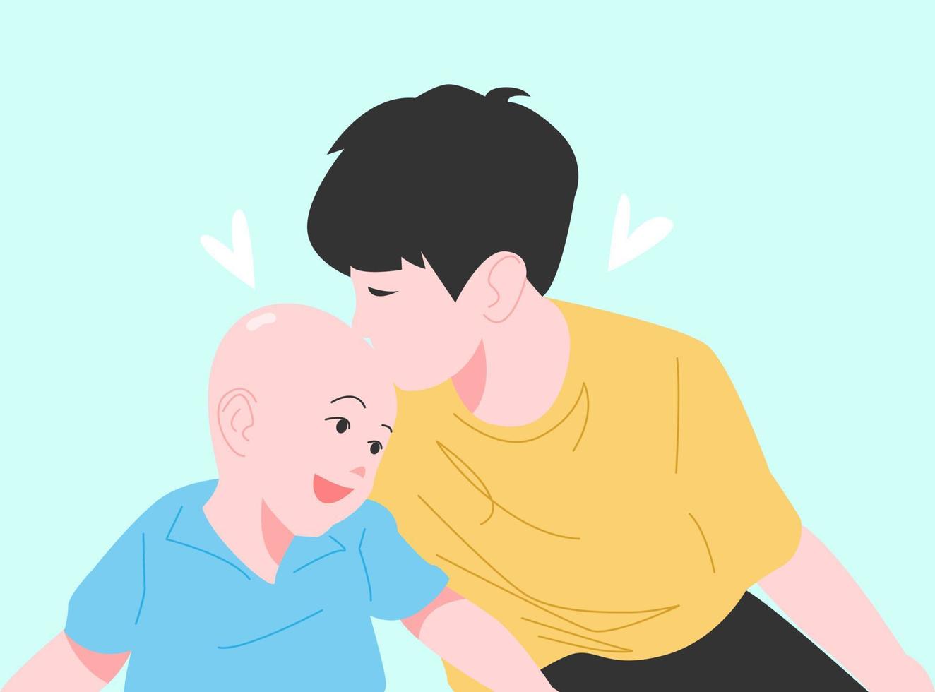 older brother kisses younger brother's forehead. boy and baby happy, laughing. different ages. concept of family, love, etc. flat style vector illustration.