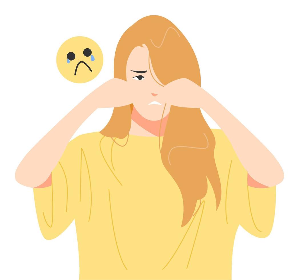 young girl with blonde hair crying with sad emoji. cover both eyes with hands. sad expression. half body. concept of feeling, state of mind. vector flat style illustration.