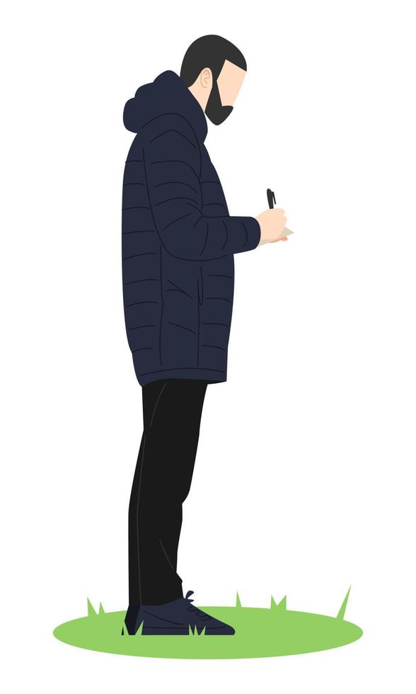Male football, soccer coach taking notes side view. standing on green grass. sport concept, train, value, profession. vector illustration flat style.