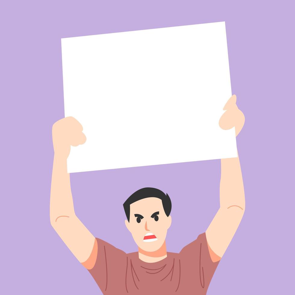 man with angry expression holding white blank protest sign. empty banner. demonstration concept. vector illustration flat style.