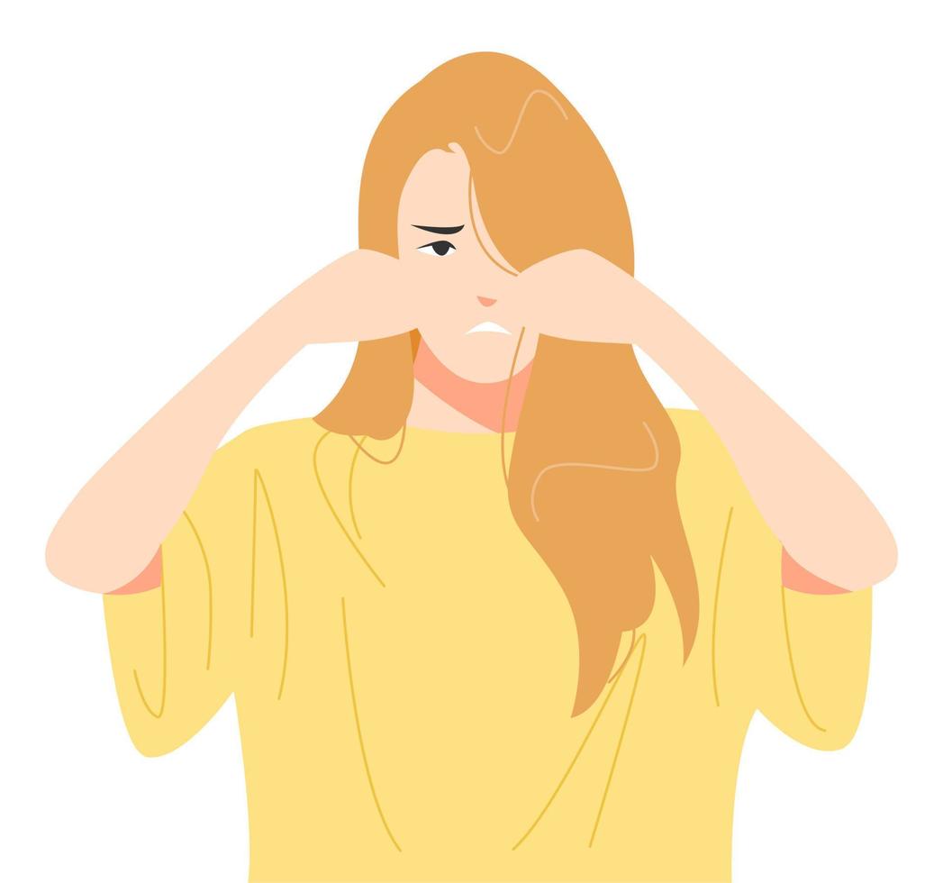 young girl with blonde hair crying. cover both eyes with hands. sad expression. half body. concept of feeling, state of mind. vector flat style illustration.