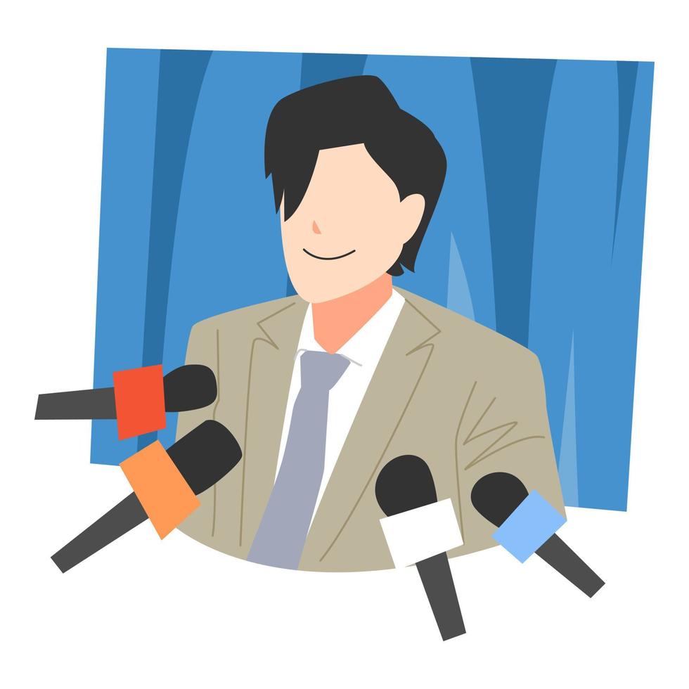 Famous male people are interviewed. man surrounded by microphones concept of actor, celebrity, journalist, etc. isolated on blue curtain background. vector illustration flat style.