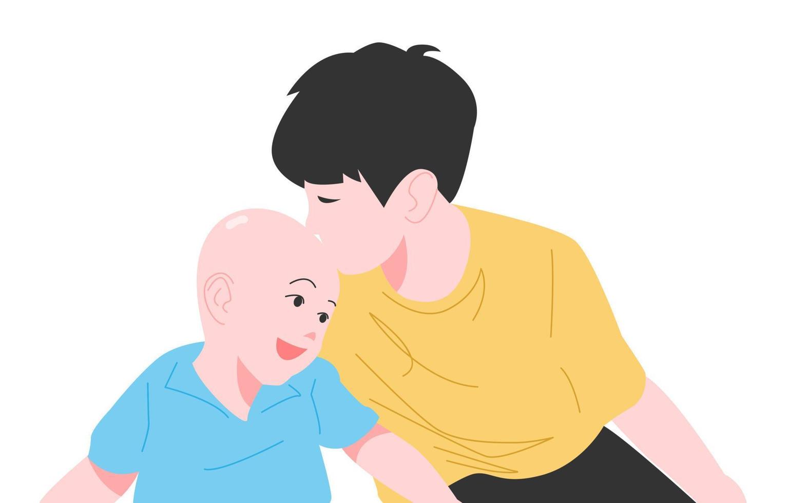 older brother kisses younger brother's forehead. boy and baby happy, laughing. different ages. concept of family, affection, love, etc. flat style vector illustration.