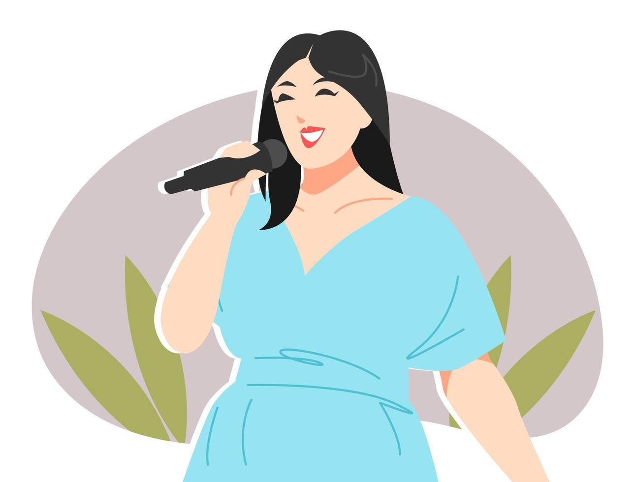 hermosa ilustración de cantante femenina. sosteniendo el micrófono. fondo de hojas. concepto de músico, profesión, hobby, música, arte. para impresión, pegatina, afiche. ilustración vectorial estilo plano vector