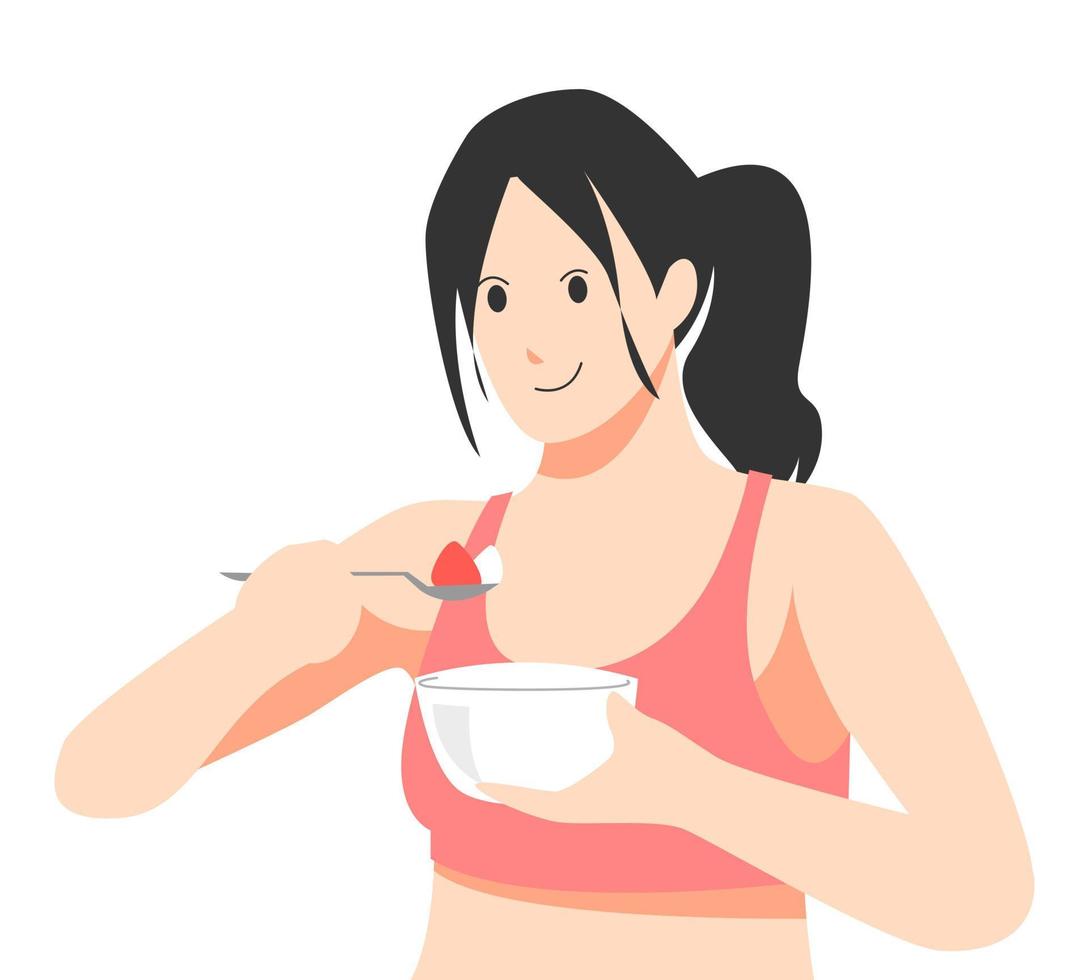 girl eating something holding spoon and bowl salads or cereals. concept of health, fit, lifestyle, etc. vector flat style illustration.