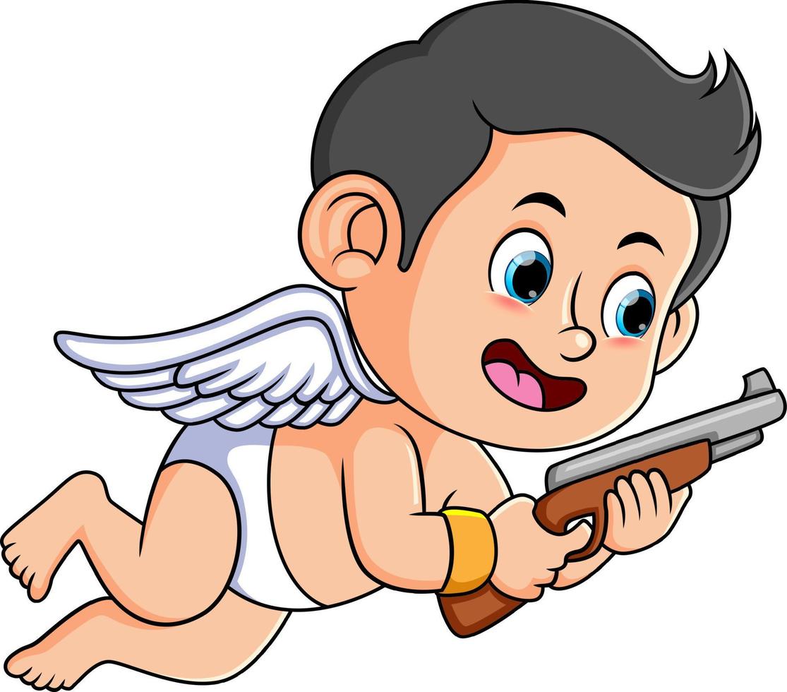 The happy cupid is flying and holding the shoot gun vector