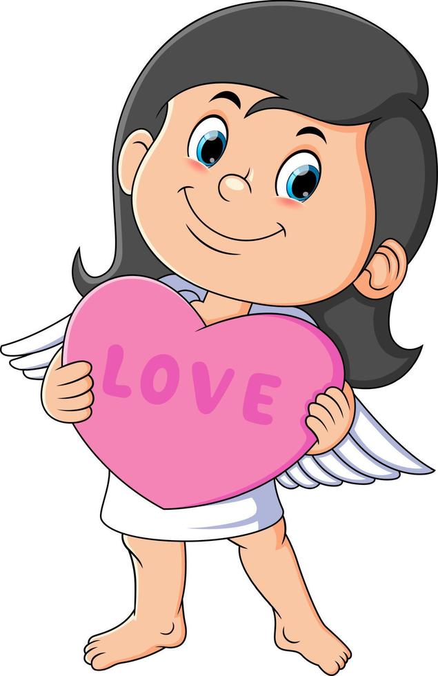 The cute angel girl is standing and holding the love doll vector