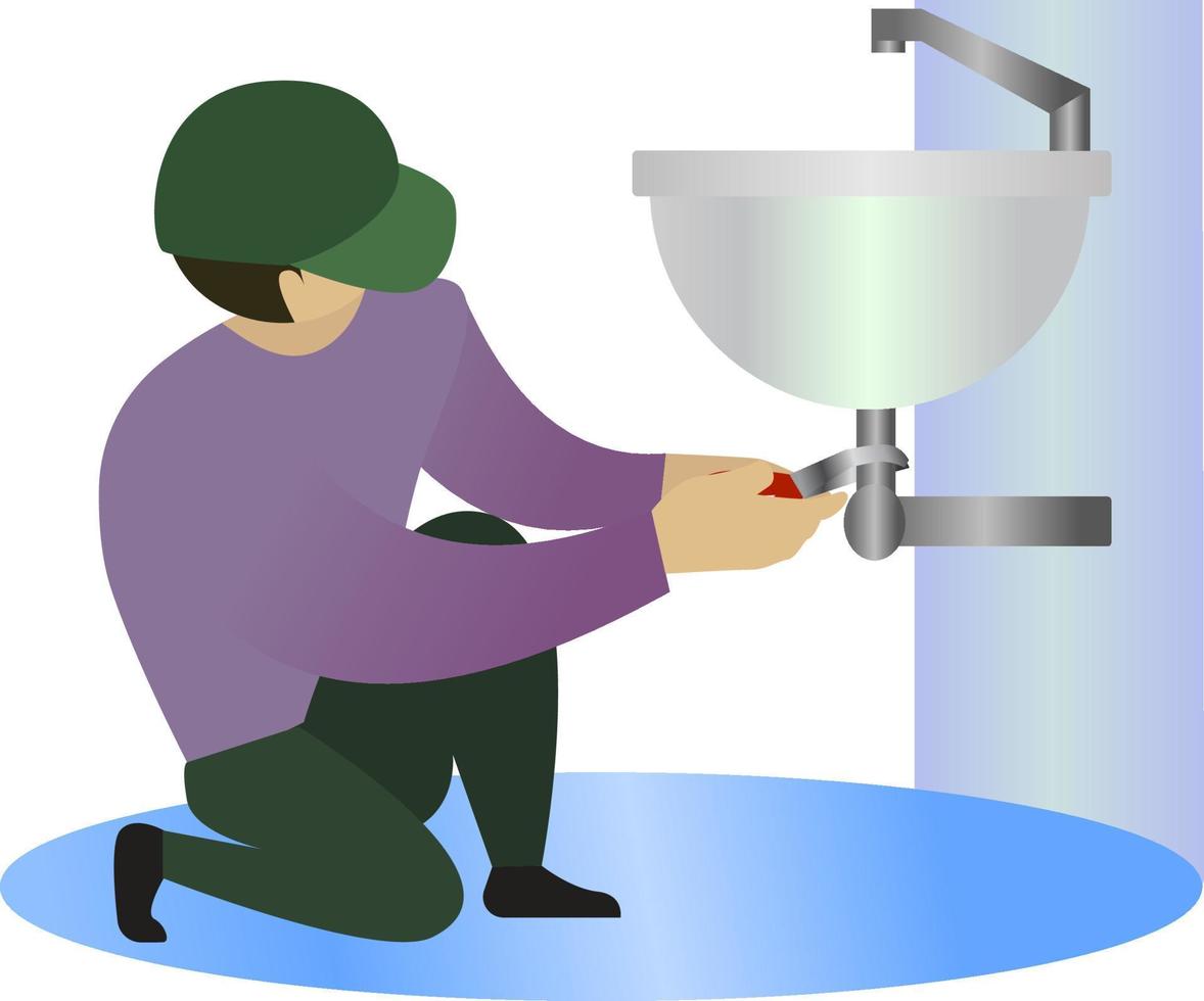 Publing fixing and repair, sink repairing vector illustration, simple illustration for flat icon, Flat vector illustration of  wastafel repairman with tools at work isolated on white backgroud