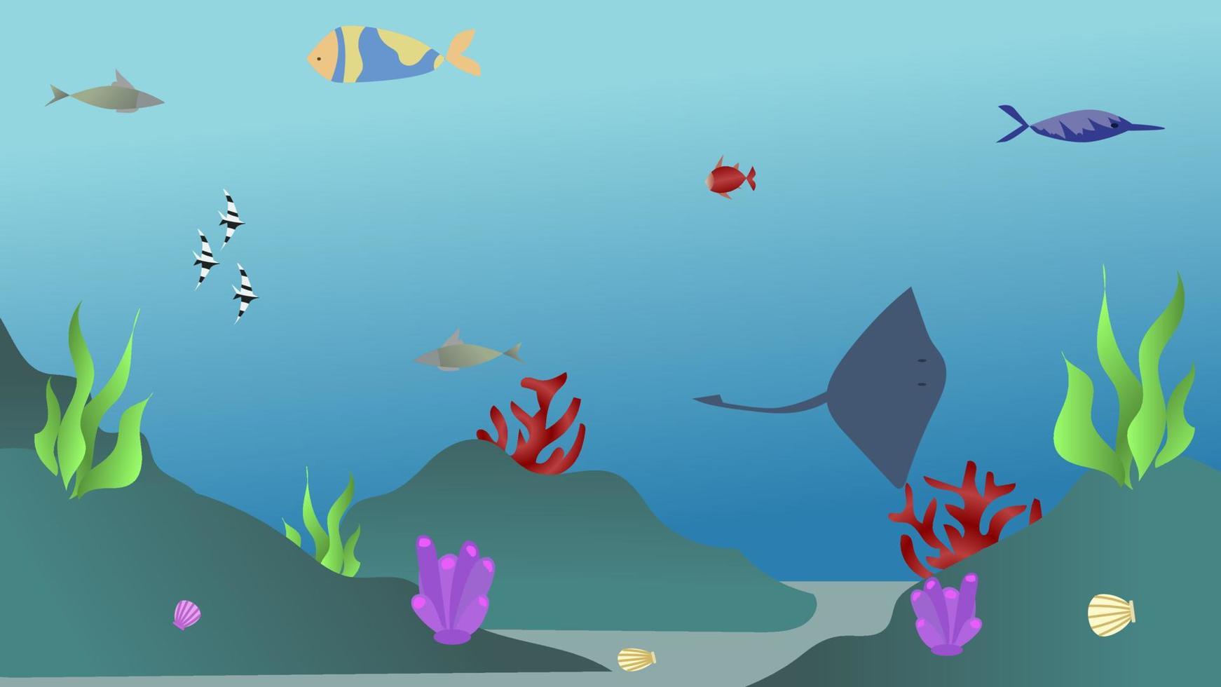 Fondo de ilustración de vector de fondo de mar. plantas submarinas vectoriales, acuario simple con fondo marino, encabezado y banner del sitio web de vida marina submarina. paisaje submarino con peces