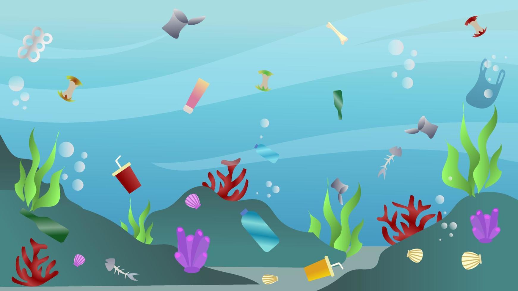 sea bottom vector illustration background. Vector undersea plants, simple aquarium with seafloor, Underwater sea life website header and banner. Undersea landscape with fishes