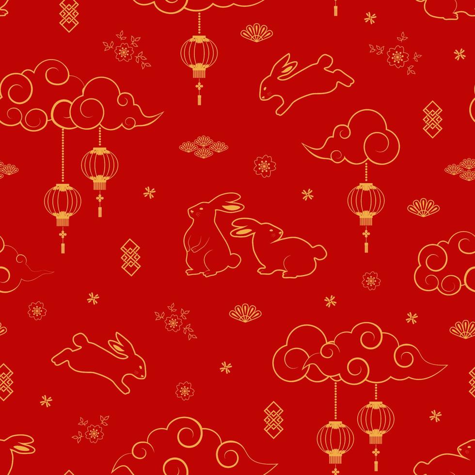 Rabbits character seamless pattern with asian elements on red background for decorative chinese new year 2023 and mid autumn festival vector