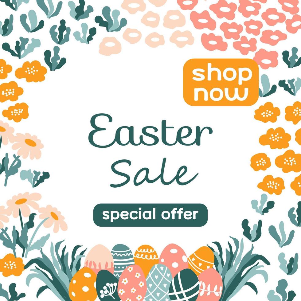 Easter Sale. Painted eggs, flowers, chamomiles, herbs. Floral pattern. Trendy vector border. Ideal for advertising and discount in the market.