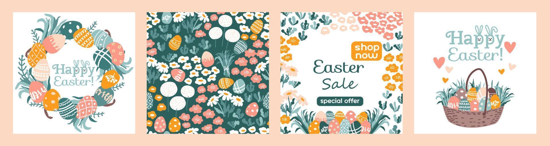 Happy Easter. Set with basket, painted eggs, flowers, herbs, grass.   Spring greeting cards with text. Seamless pattern. Sale. vector