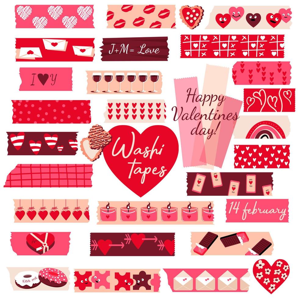 Juego de cintas washi para el día de san valentín. cinta de enmascarar o tiras adhesivas para marcos, álbumes de recortes, bordes, gráficos web, manualidades, pegatinas. vector. vector