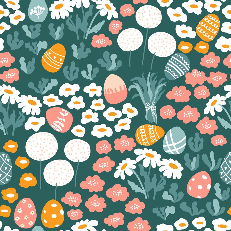 Easter and Floral seamless pattern - painted eggs, flowers, chamomiles, herbs. Vector background. Perfect for spring holidays