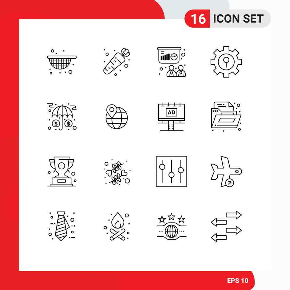 Outline Pack of 16 Universal Symbols of money insurance training assets protection Editable Vector Design Elements