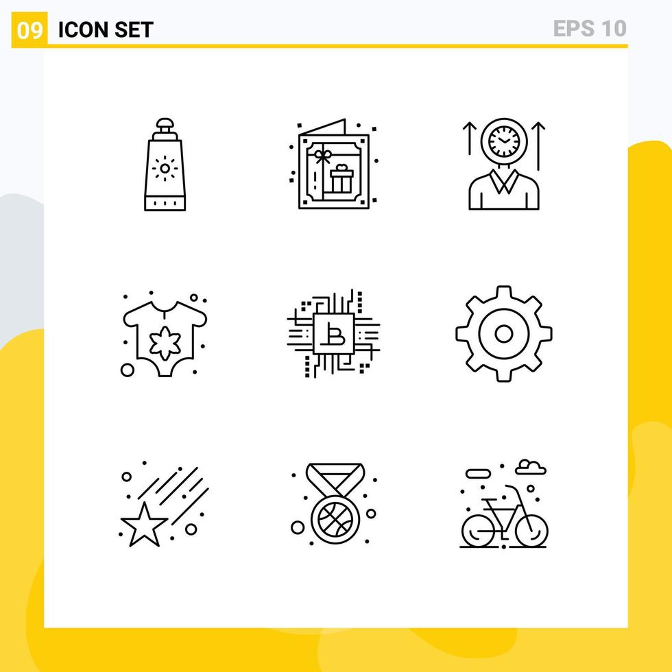 Set of 9 Vector Outlines on Grid for computer fintech industry management newborn baby Editable Vector Design Elements