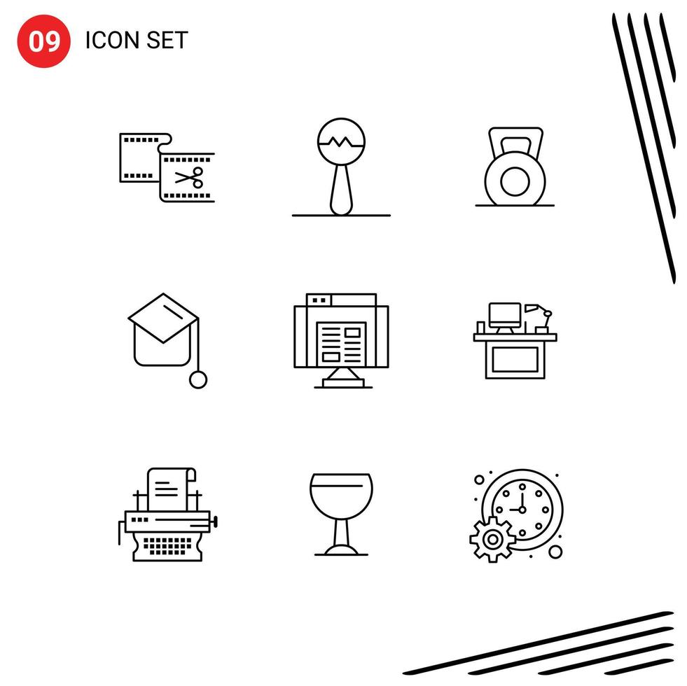 Modern Set of 9 Outlines and symbols such as browser hat dumbbell graduation hat education Editable Vector Design Elements
