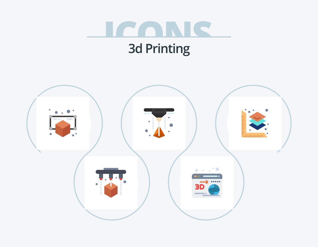 Diseño de iconos de paquete de iconos planos de impresión 3d 5. impresión. impresora. 3d. láser. punto vector