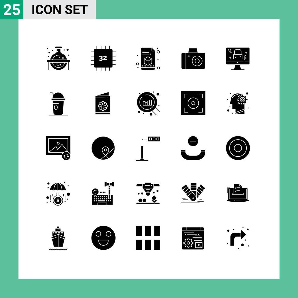 Solid Glyph Pack of 25 Universal Symbols of screen dmca protection hardware studio camera Editable Vector Design Elements