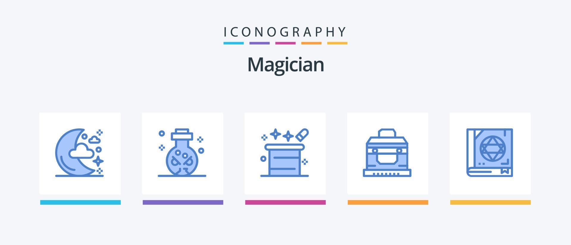 paquete de iconos de mago azul 5 que incluye libro. tórax. magia. caja. sombrero de mago diseño de iconos creativos vector