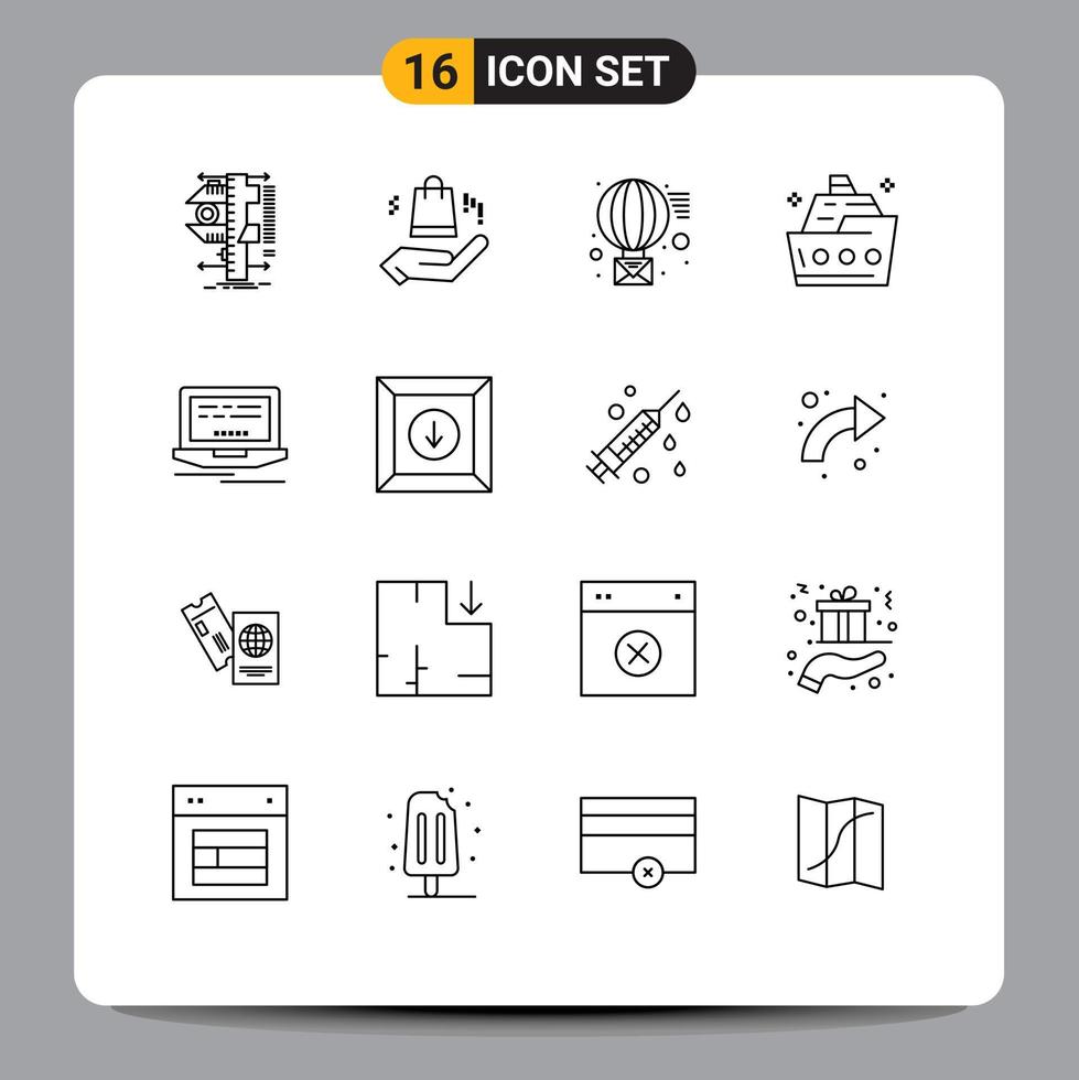 16 Universal Outlines Set for Web and Mobile Applications laptop ship email sea cruise Editable Vector Design Elements