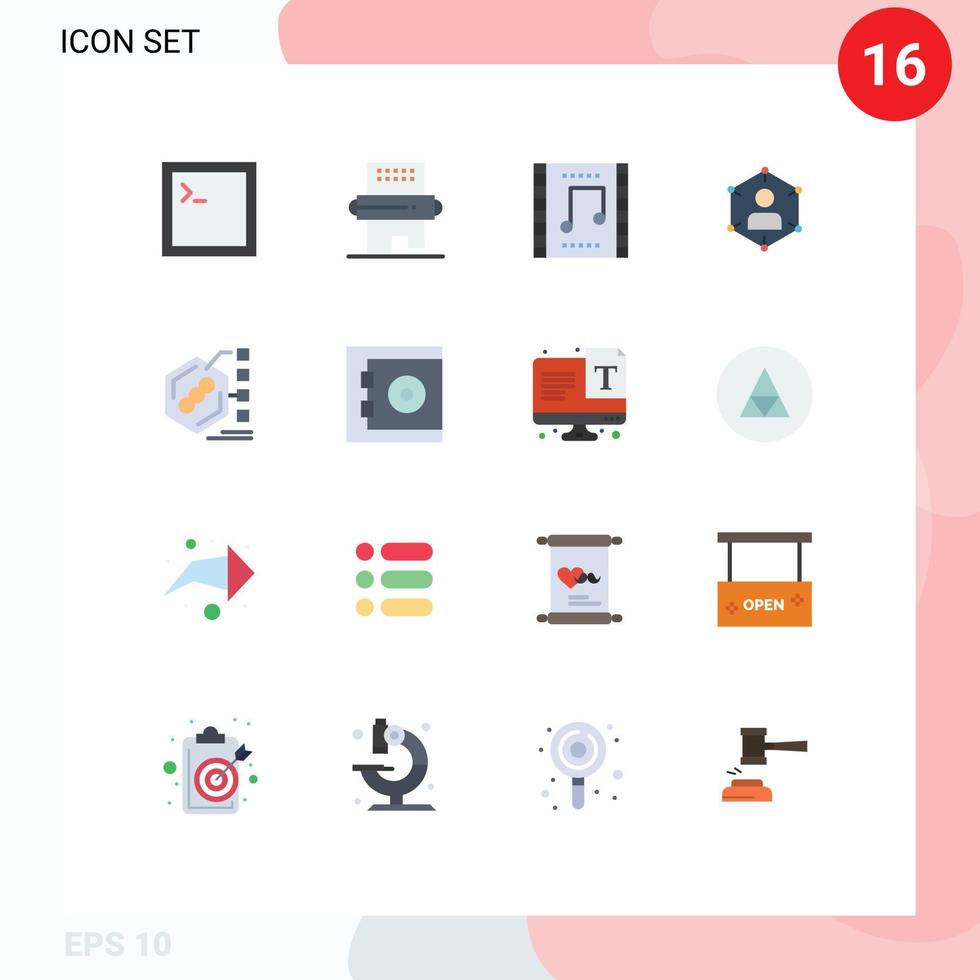 interfaz móvil conjunto de colores planos de 16 pictogramas de red personal celebración comunicación escena musical paquete editable de elementos de diseño de vectores creativos