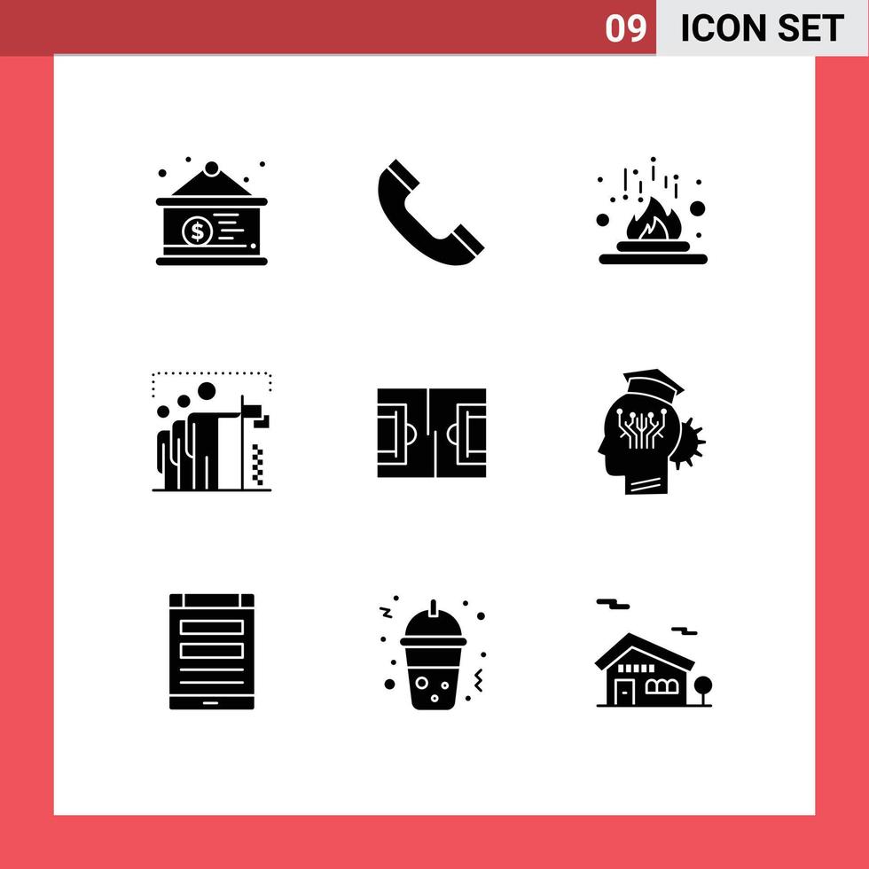 Mobile Interface Solid Glyph Set of 9 Pictograms of football group fire win flag Editable Vector Design Elements