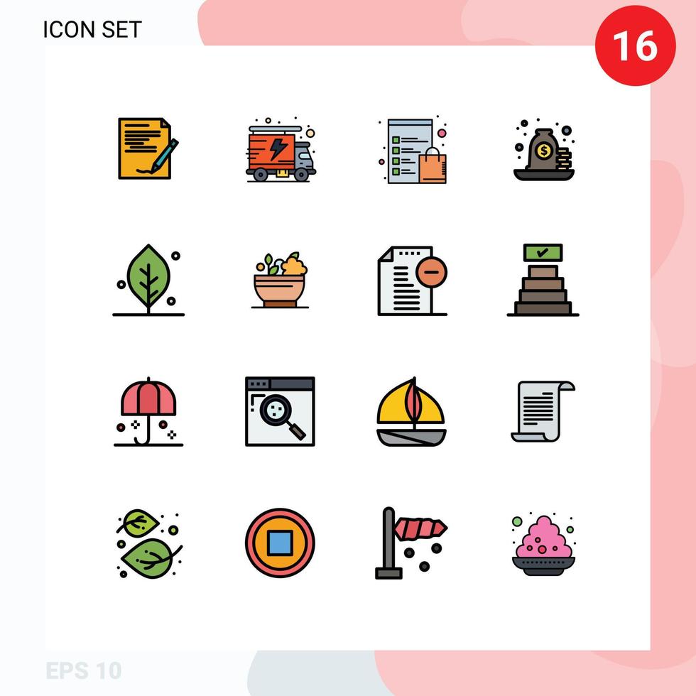 Pack of 16 creative Flat Color Filled Lines of ecology bag check list payment loan Editable Creative Vector Design Elements